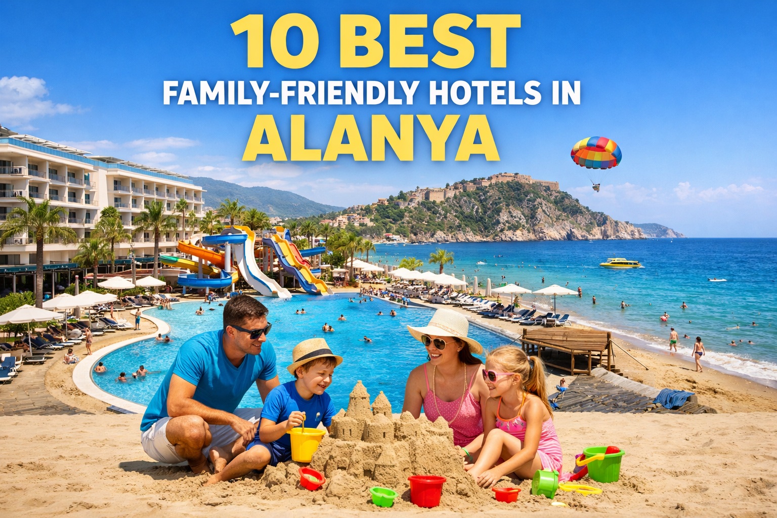 Family enjoying beach and resort with water slides in Alanya, Turkey – best family-friendly hotels concept